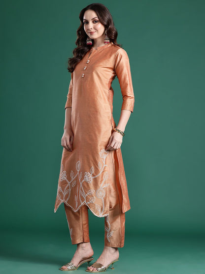 Floral Embroidered Thread Work Pure Cotton Kurta with Trousers