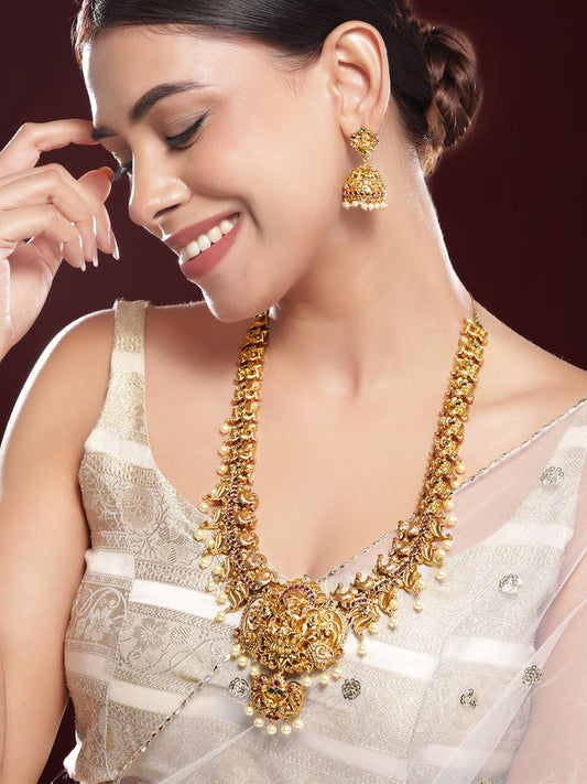 Dhiyona RJ Women's 22K Gold-Plated Ruby Pink, Emerald & CubicZicronia Divin Lakshmi Temple NecklaceSet