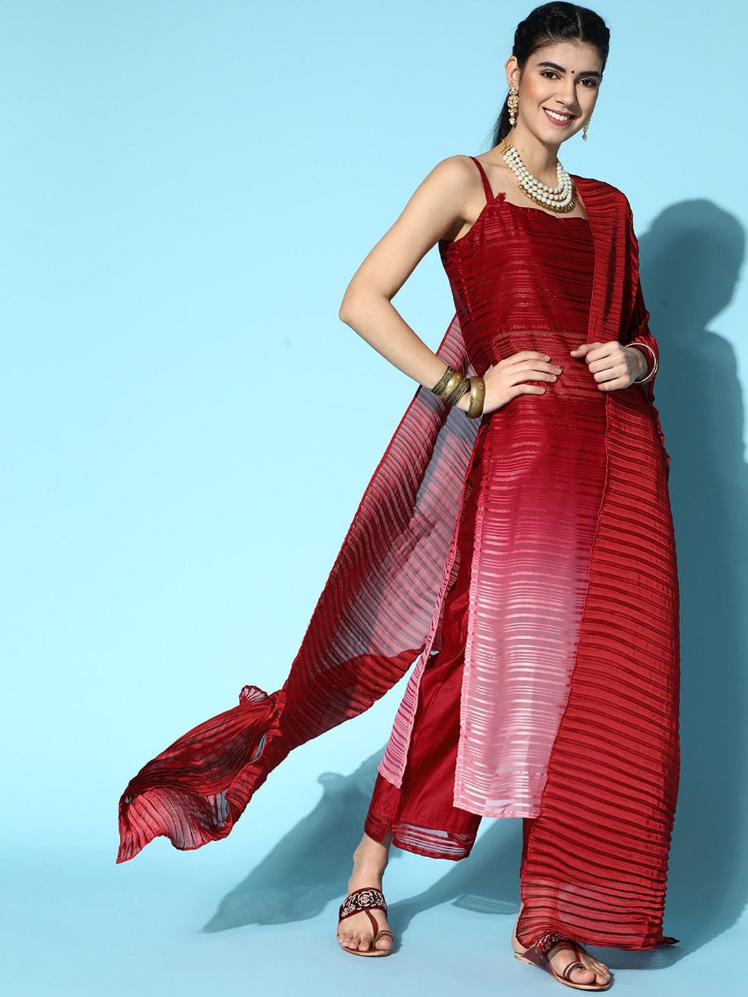 Dhiyona IE Shoulder straps Self Design Kurta with Trousers & Dupatta