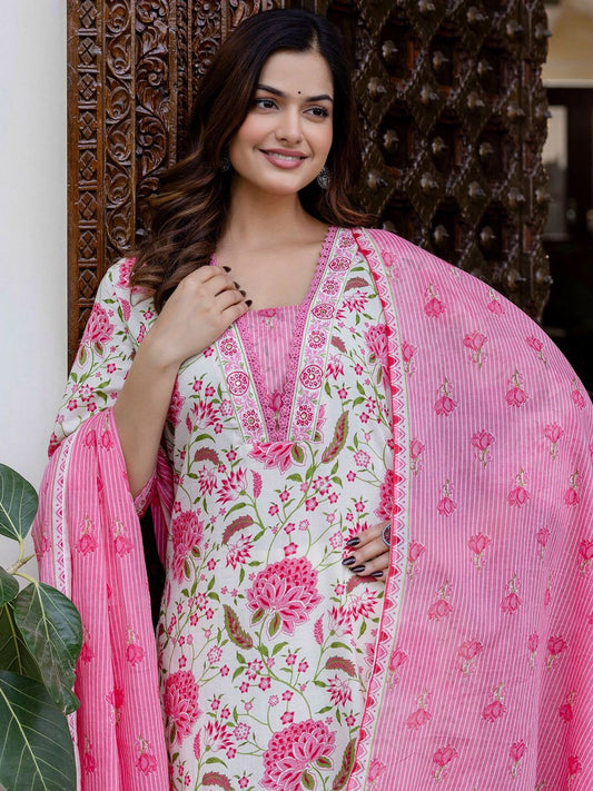 Floral Printed Square Neck Pure Cotton Straight Kurta With Trousers & Dupatta