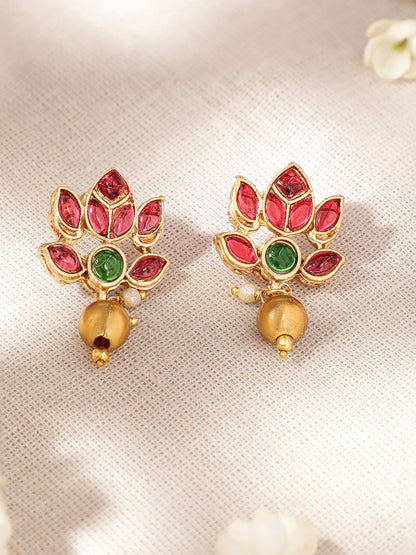 Dhiyona RJ Women's 22K Gold-Plated Lotus Motif Ruby and Emerald Studded Jewellery Set