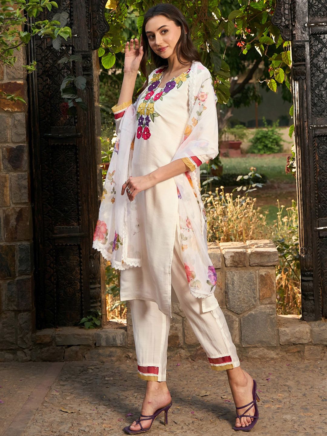 Floral Embroidered Patchwork Straight Kurta With Trousers & Dupatta