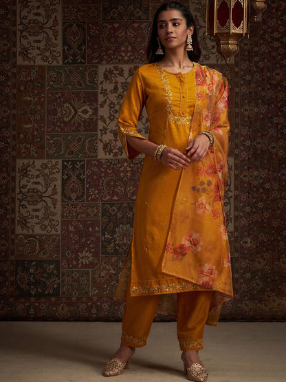 Floral Embroidered Kurta with Trousers & With Dupatta