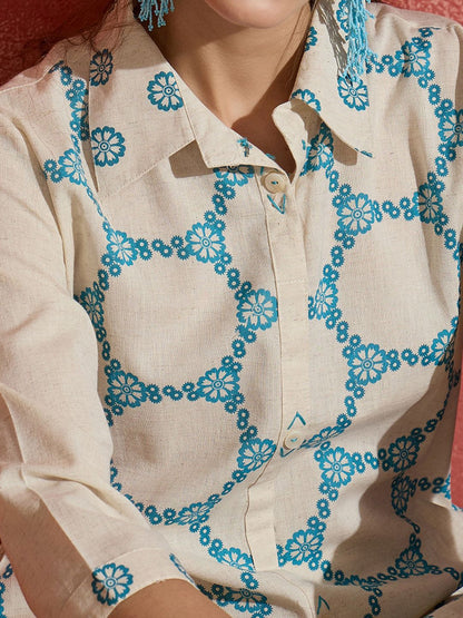 Dhiyona IE Floral Screen Printed Shirt Collar Straight Kurta With Trousers