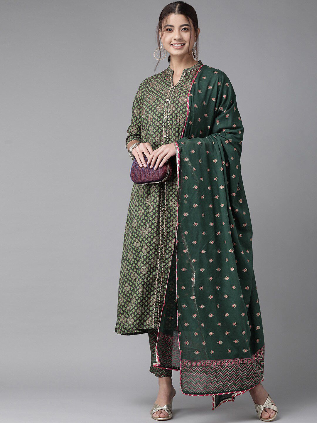 Women Green Ethnic Motifs Printed Pleated Gotta Patti Kurta with Palazzos & With Dupatta