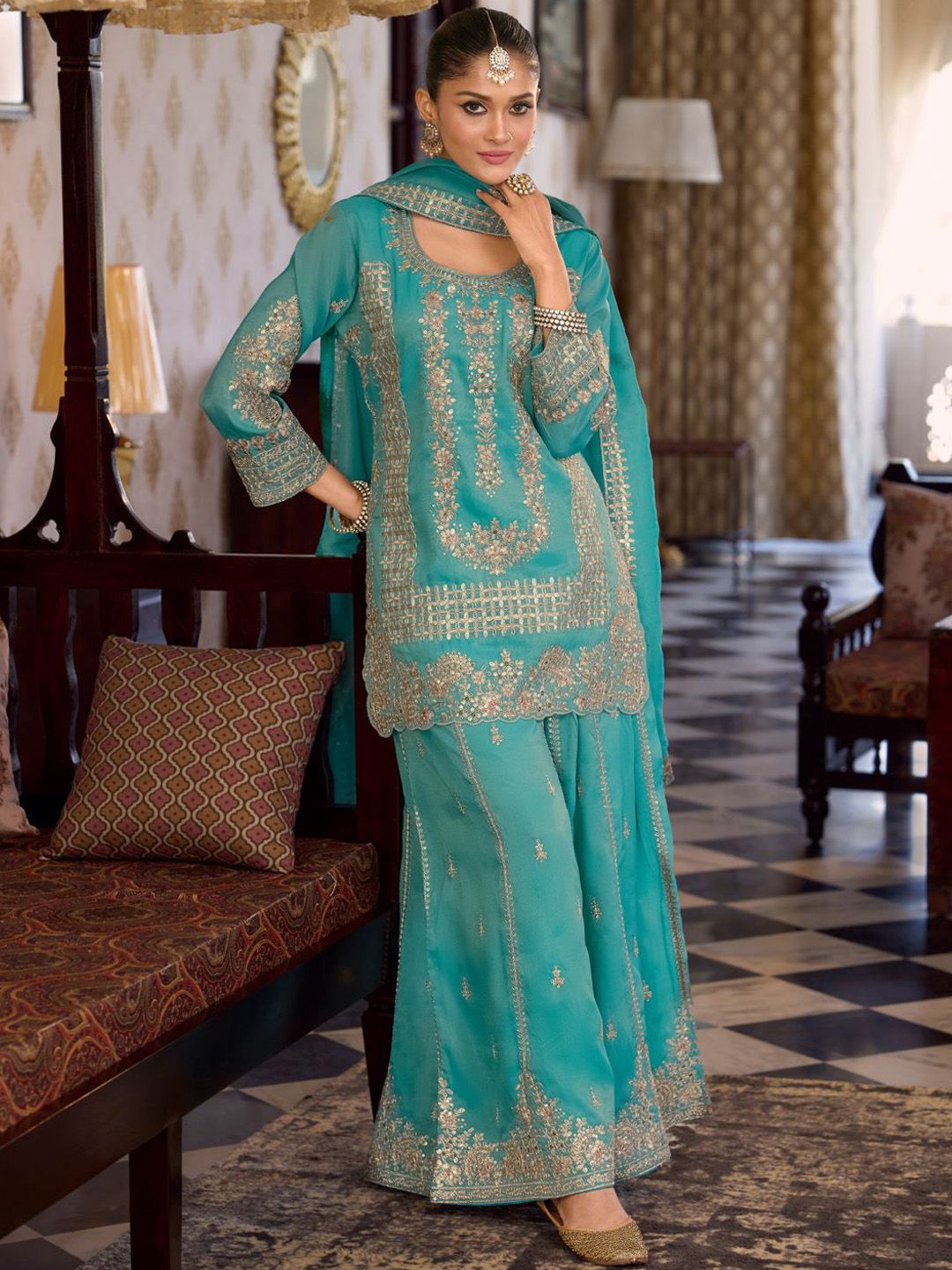 Women Ethnic Motifs Embroidered Regular Sequinned Kurta with Palazzos & With Dupatta