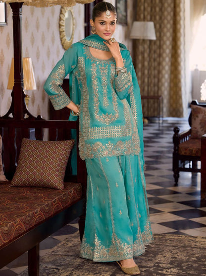 Women Ethnic Motifs Embroidered Regular Sequinned Kurta with Palazzos & With Dupatta