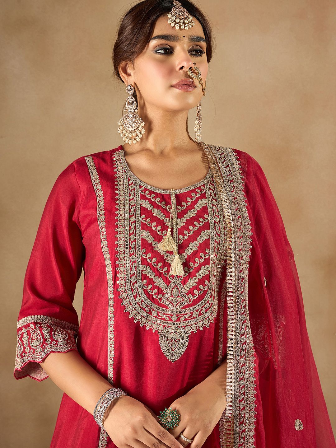 Women Ethnic Motifs Embroidered Panelled Kurta with Trousers & With Dupatta