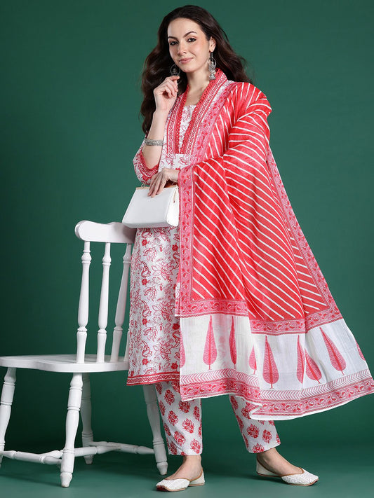Dhiyona IE Floral Printed Pure Cotton Kurta with Trousers & With Dupatta