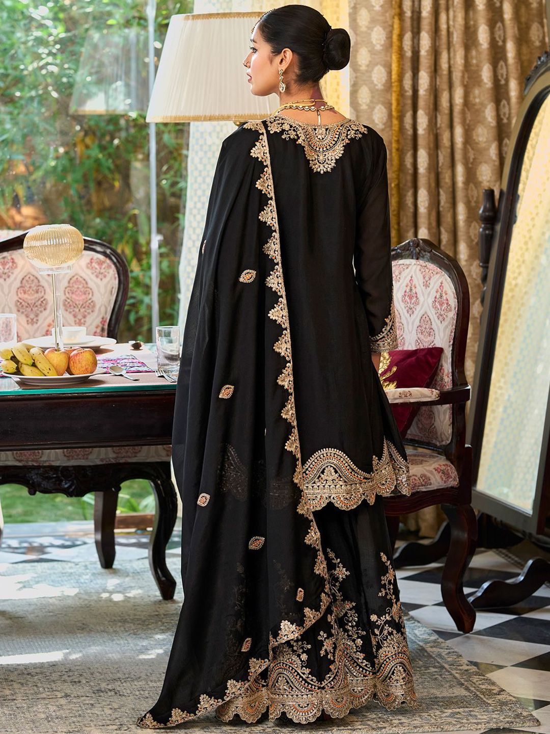 Floral Embroidered Sequinned Chinon A-Line Kurta With Palazzos & Dupatta