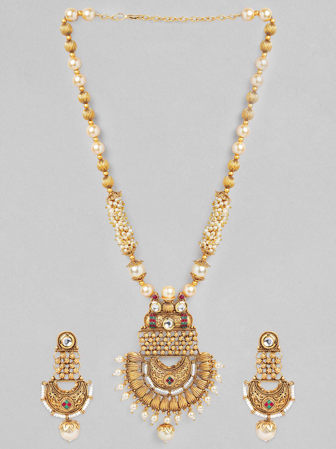 Dhiyona RJ Women's 22K Gold-Plated White, Red & Green Stone & Pearl Beaded Handcrafted Jewellery Set