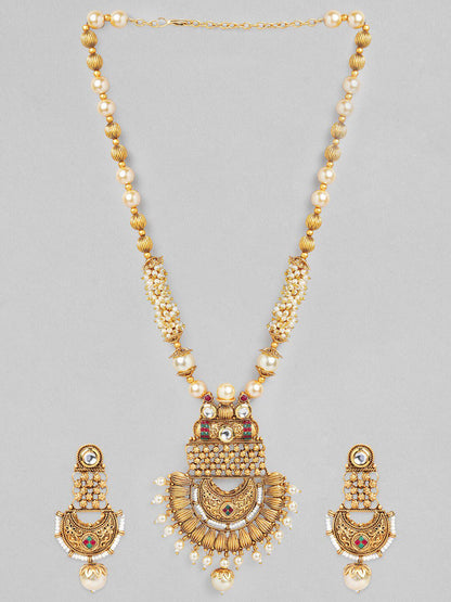 Dhiyona RJ Women's 22K Gold-Plated White, Red & Green Stone & Pearl Beaded Handcrafted Jewellery Set