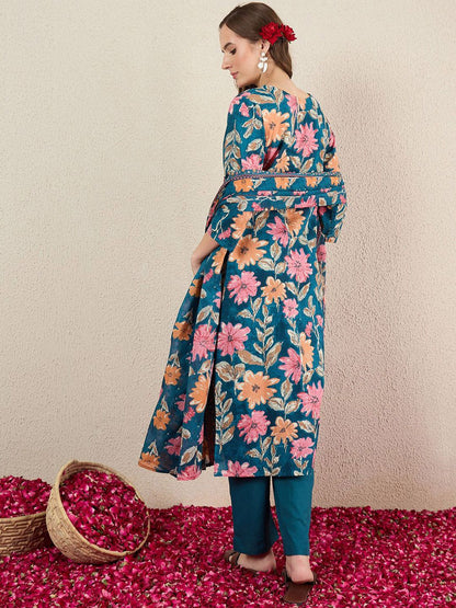Women Floral Printed Cotton Kurta with Trousers & Dupatta
