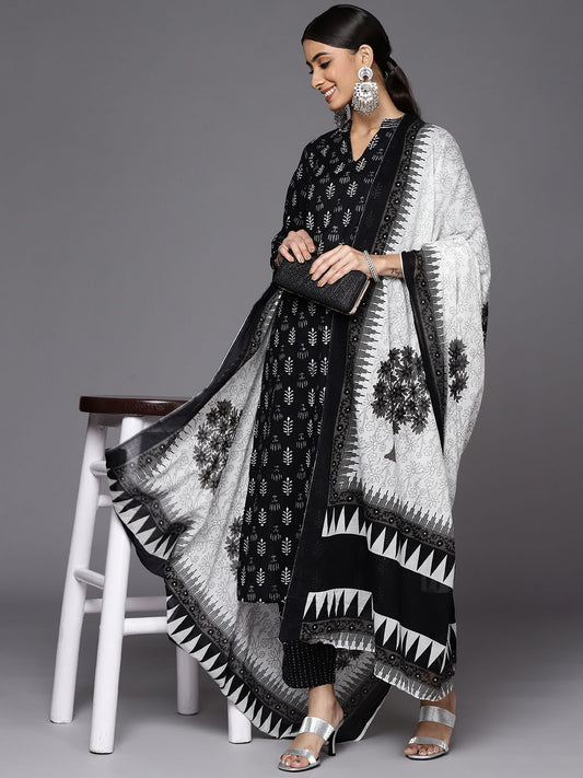 Dhiyona VA Women's Black Floral Printed Gotta Patti Pure Cotton Kurta with Trousers