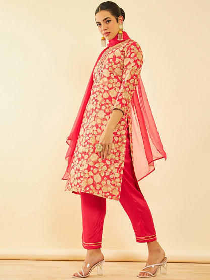 Dhiyona SO Women's Floral Printed Regular Mirror Work Kurta with Trousers & Dupatta