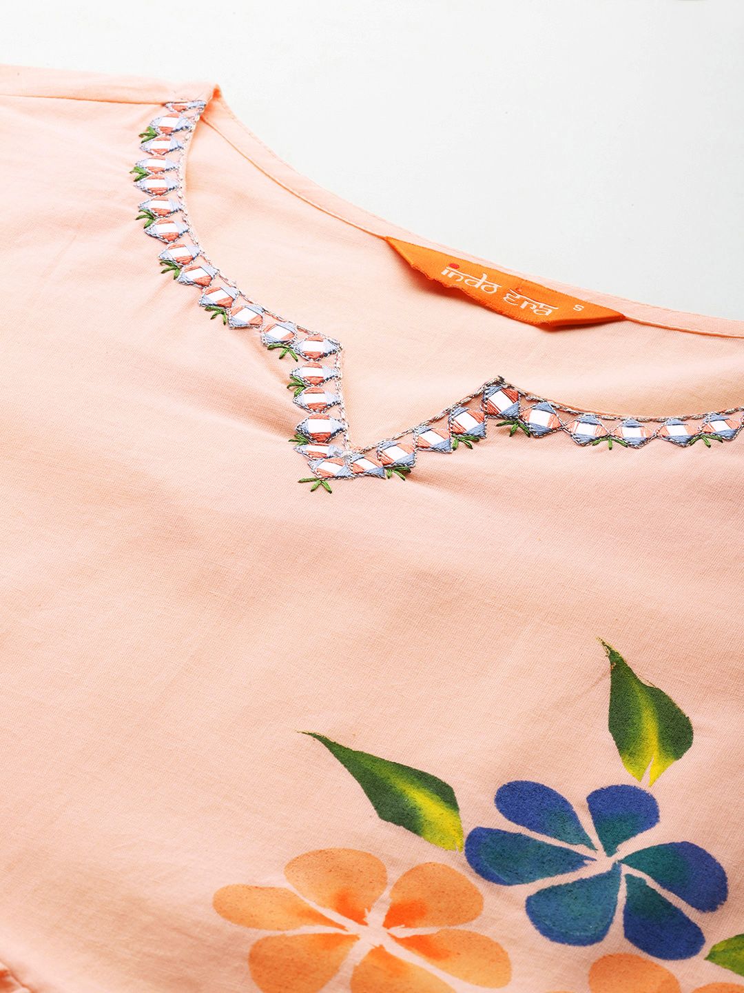 Floral Embroidered Mirror Work Pure Cotton Kurta with Trousers & Dupatta