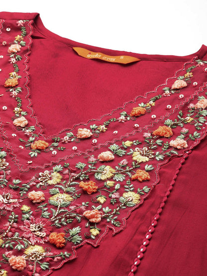Dhiyona IE Women Floral Yoke Design Panelled Thread Work Kurta with Trousers & Dupatta
