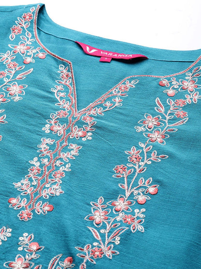 Dhiyona VA Women'sTurquoise Blue Thread Embroidered Yoke Kurta with Trouser with Printed Dupatta