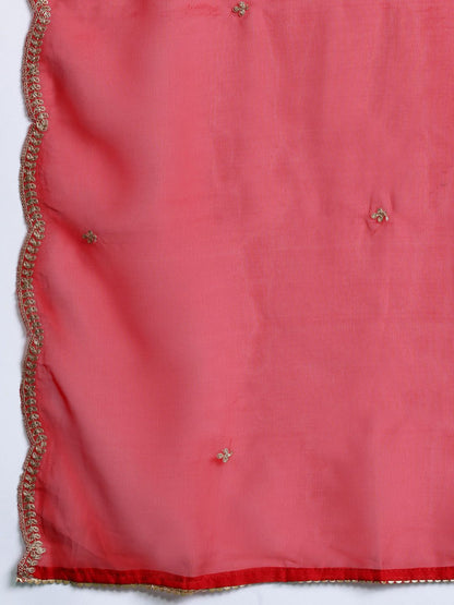 Ethnic Motifs Yoke Design Zari Panelled Liva Kurta With Trousers & Dupatta