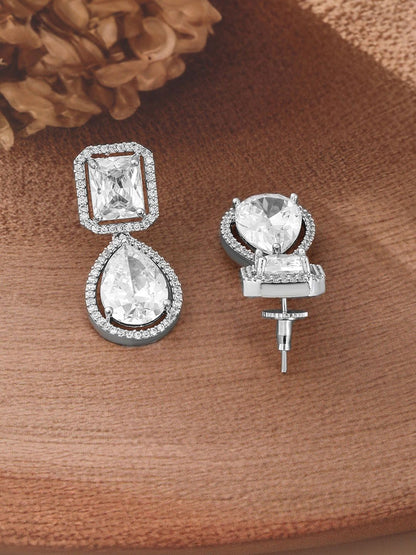 Dhiyona RJ Women's Rhodium Plated Crystal AD & Cubic Zirconia Studded Drop Earrings - Elegant Design