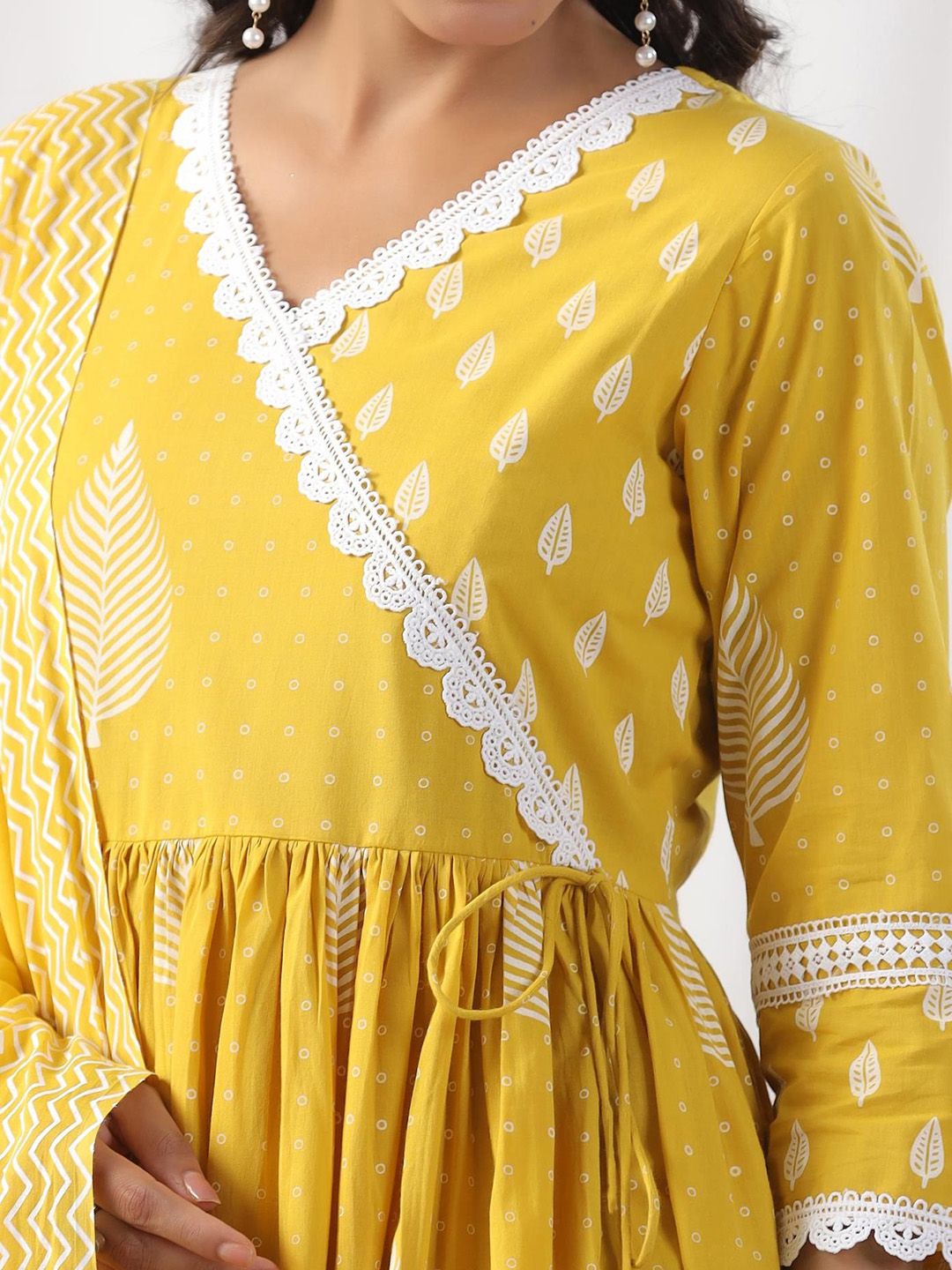 Dhiyona IS Women's Ethnic Motifs Printed Angrakha Thread Work Pure Cotton Kurta with Trousers & Dupatta