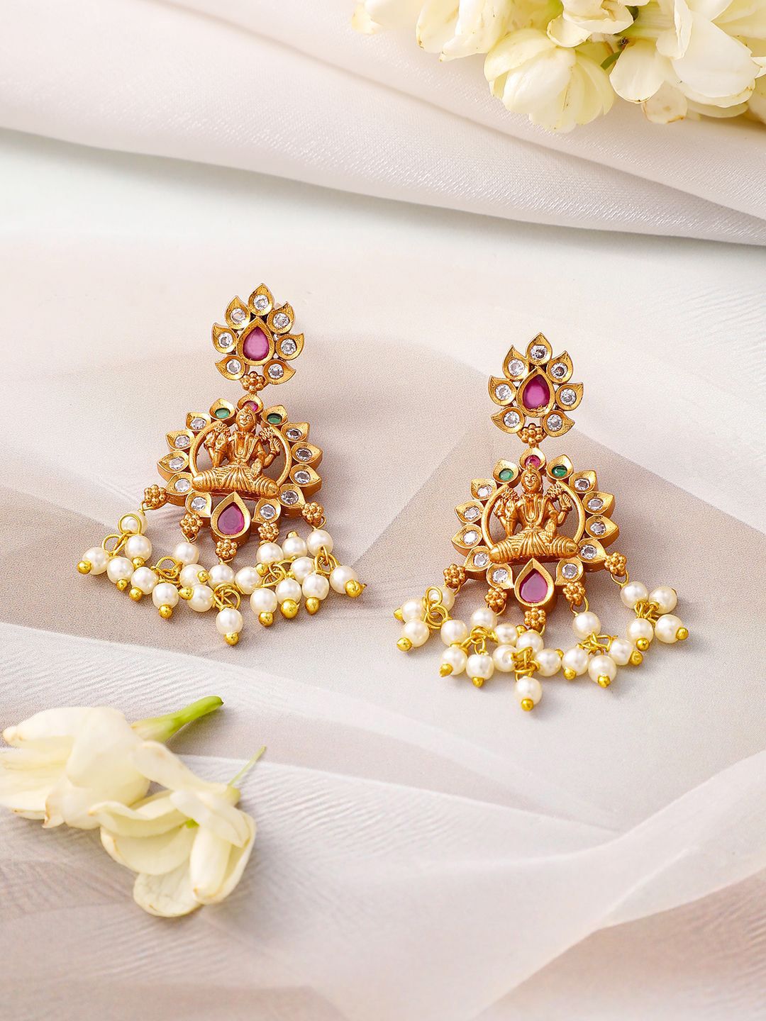 Dhiyona RJ Women's 24K Gold-Plated Divine Lakshmi Temple Necklace Set with Ruby Stones & Pearls