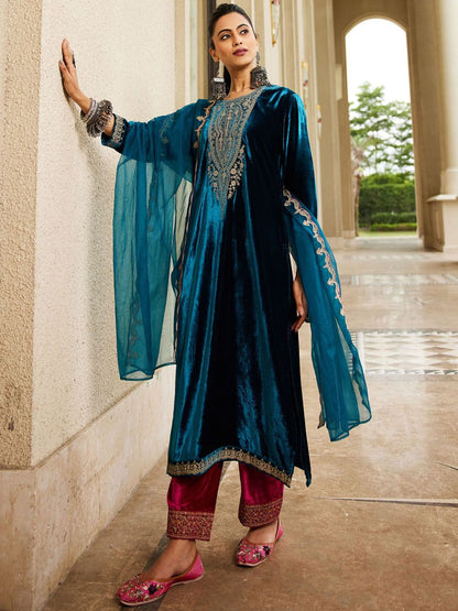 Women Ethnic Motifs Embroidered Regular Velvet Kurta with Trousers & Dupatta