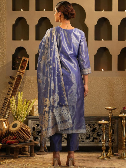 Dhiyona IE Women's Floral Woven Design V-Neck Liva Zari Straight Kurta & Trousers With Dupatta