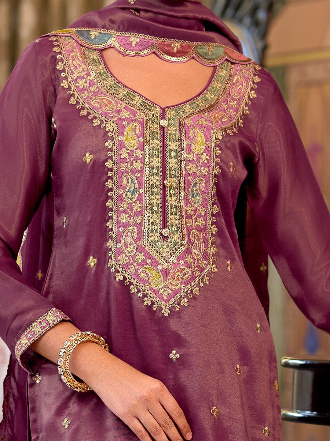 Floral Embroidered Sequinned Straight Kurta With Palazzos & Dupatta