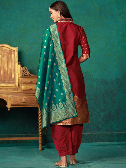 Dhiyona SN Women's Maroon Ethnic Motifs Woven Design Regular Thread Work Kurta & Salwar With Dupatta