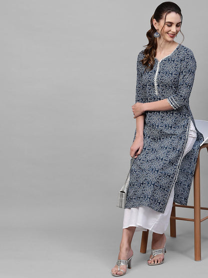 Dhiyona IE Women Navy Blue & White Ethnic Motifs Printed Kurta