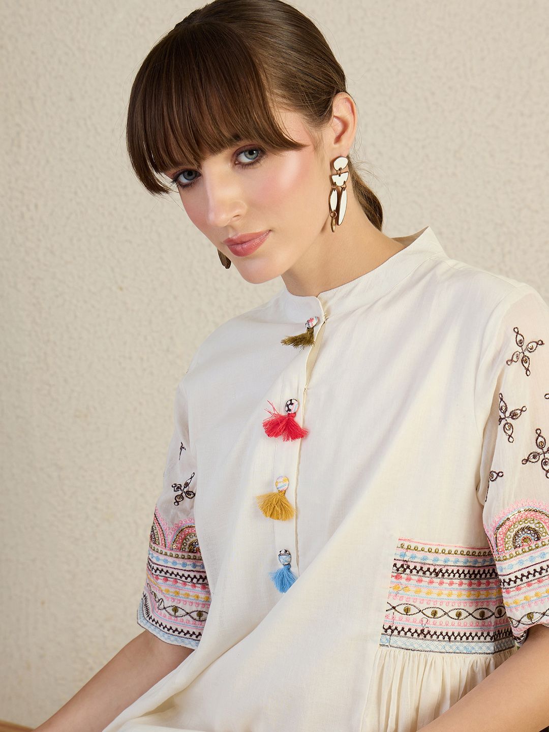 Dhiyona IE Women Ethnic Motifs Embroidered Sequinned Pure Cotton A-Line Kurta with Trousers