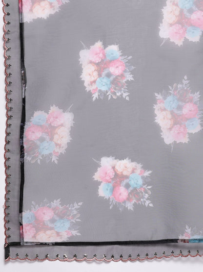 Floral Embroidered Thread Work Liva Kurta with Trousers & With Dupatta