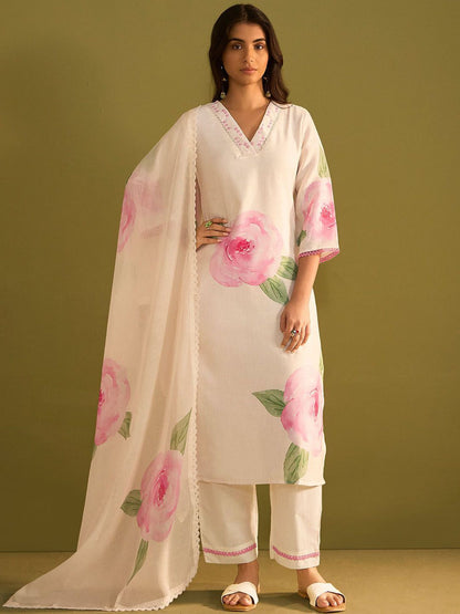Dhiyona IE Floral Printed V-Neck Straight Sequinned Linen Kurta With Trousers And Dupatta