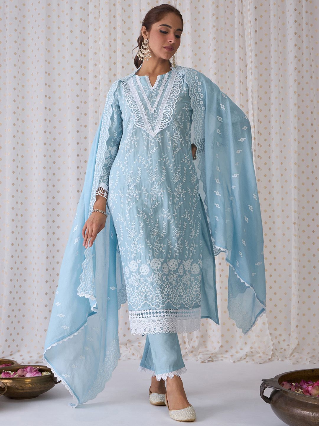 Dhiyona IE Floral Embroidered Pure Cotton Straight Kurta With Trousers & Dupatta