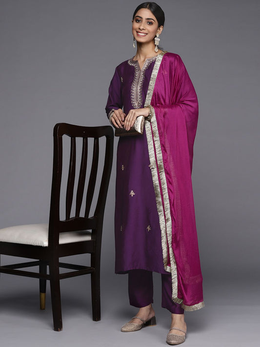 Dhiyona VA Women's Purple Ethnic Motifs Embroidered Kurta with Trousers & With Dupatta
