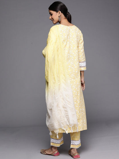 Yellow Floral Embroidered Thread Work Straight Kurta With Trousers & Dupatta