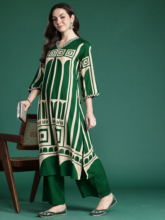 Dhiyona IE Women Printed Beads and Stones Kurta with Palazzos
