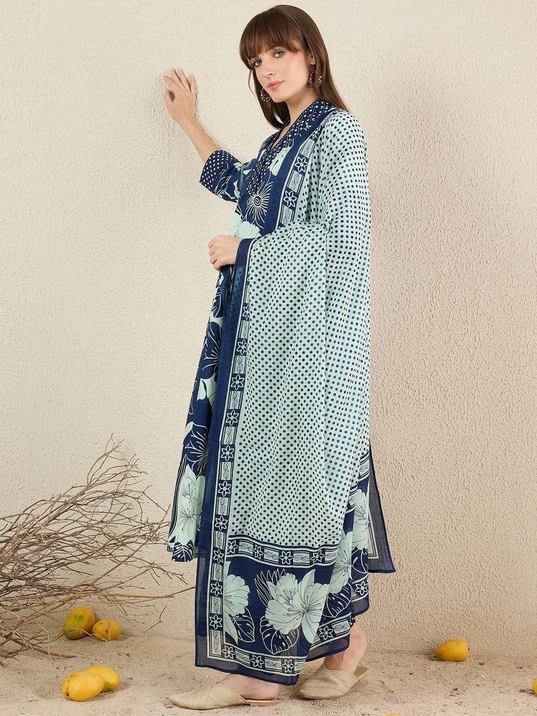 Dhiyona IE Women Floral Printed Cotton Kurta with Trousers & Dupatta
