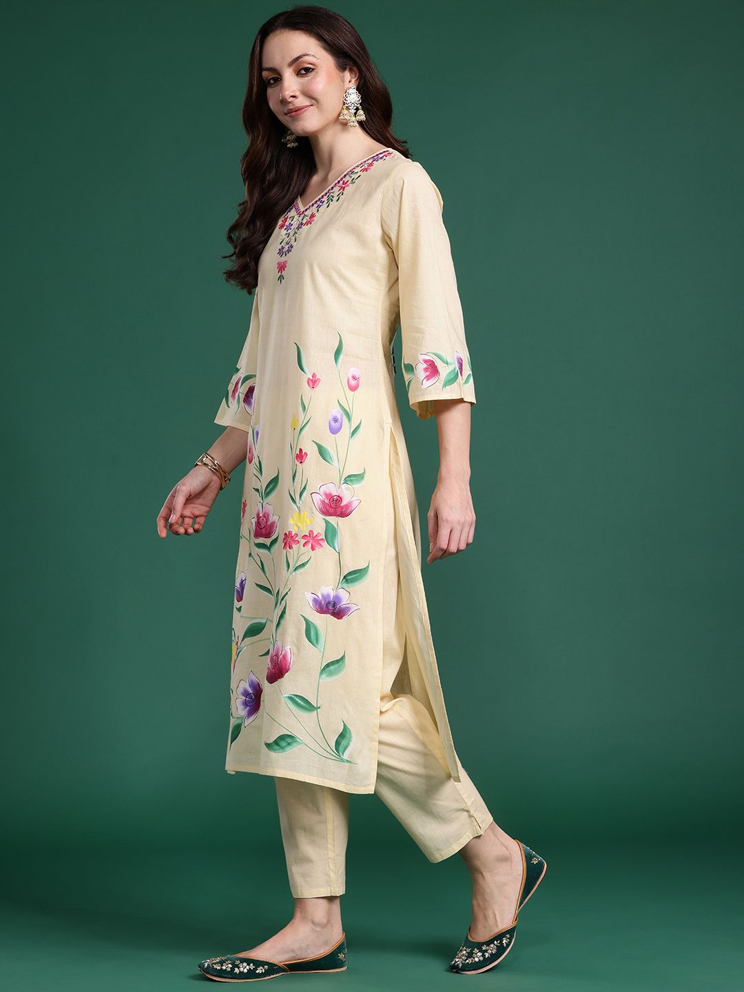 Floral Embroidered Pure Cotton Kurta with Trousers & Dupatta