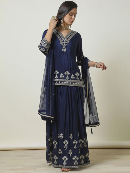 Dhiyona SO Women's Ethnic Motifs Embroidered Regular Sequinned Straight Kurti with Sharara & Dupatta