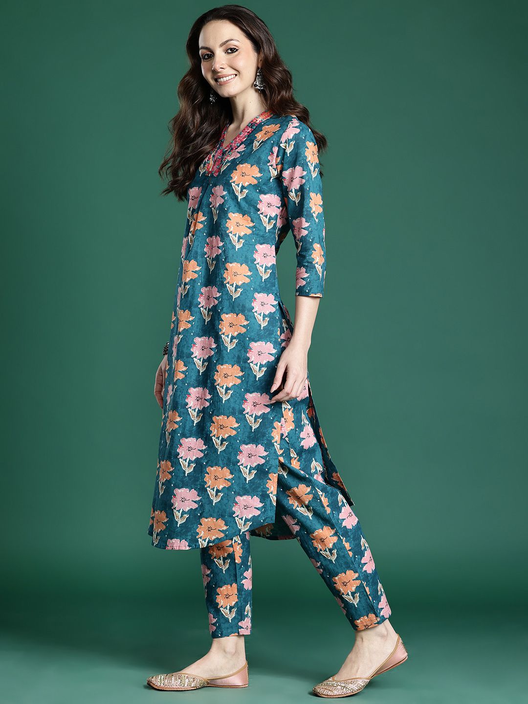 Floral Printed Pleated Pure Cotton Kurta with Trousers