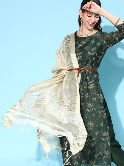 Dhiyona IE Women Green Floral Printed Regular Chanderi Silk Kurta with Sharara & With Dupatta