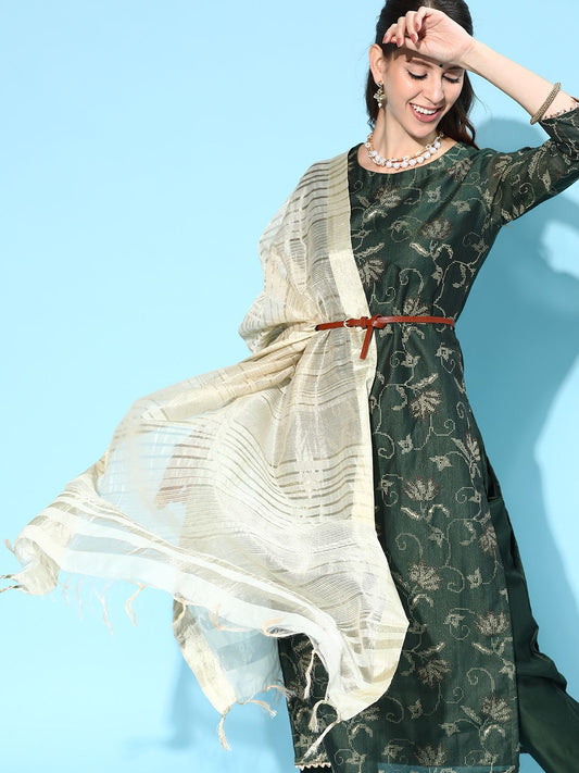 Dhiyona IE Women Green Floral Printed Regular Chanderi Silk Kurta with Sharara & With Dupatta
