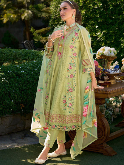 Women Floral Embroidered Cotton Kurta with Trousers & Dupatta