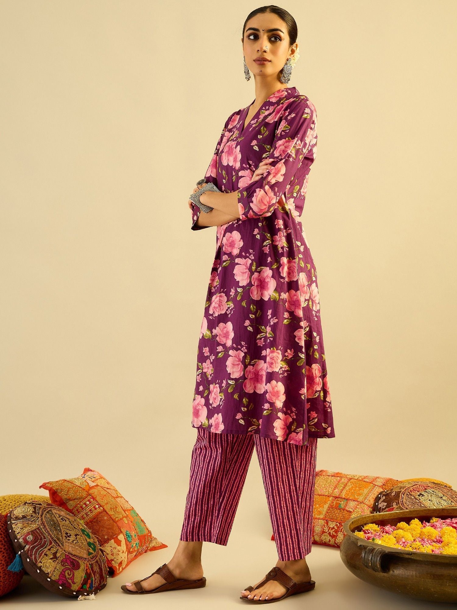 Floral Printed V-Neck Pure Cotton A-Line Kurta with Trouser
