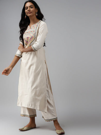 Women Off White Ethnic Motifs Yoke Design Regular Liva Kurta with Palazzos & With Dupatta