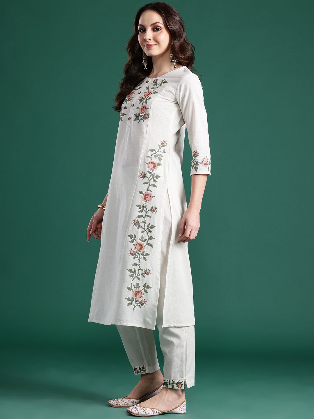 Dhiyona IE Floral Embroidered Pure Cotton Kurta with Trousers