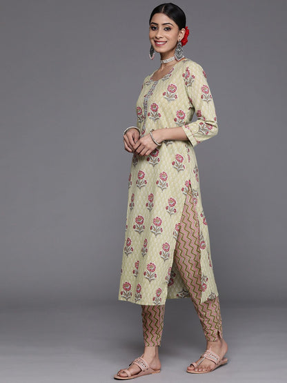 Dhiyona VA Women's Green & Pink Floral Printed Pure Cotton Kurta with Trousers & Dupatta