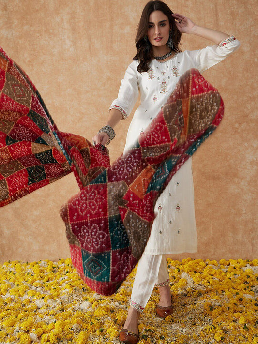 Dhiyona SN Women's White Ethnic Motifs Embroidered Thread Work Straight Kurta & Trouser With Dupatta